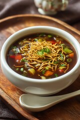 Indo-Chinese Manchow soup with fried noodles, vegetables, and spring onions in ceramic bowl