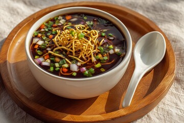 Indo-Chinese Manchow soup with fried noodles, vegetables, and spring onions in ceramic bowl