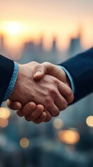 Business handshake at sunset over city skyline representing partnership