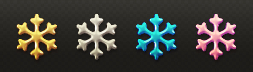 Set of metallic chrome 3d snowflakes. Golden, silver, blue and pink snowflake icons isolated on black background. Design element for New Year, Christmas sale banner, greeting card. Vector illustration