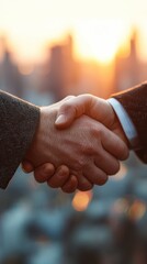 Business Partners Shake Hands at Sunset Over a City Skyline Background