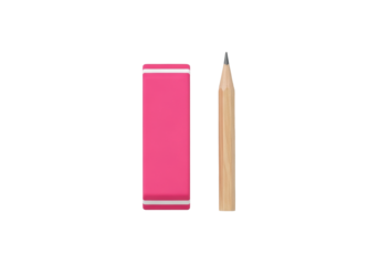 A vibrant pink rectangular eraser and a perfectly sharpened graphite pencil with a natural wooden barrel, isolated on a seamless pure transparent background, soft studio lighting. Concept of precision