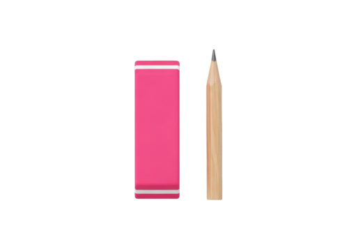 A vibrant pink rectangular eraser and a perfectly sharpened graphite pencil with a natural wooden barrel, isolated on a seamless pure transparent background, soft studio lighting. Concept of precision