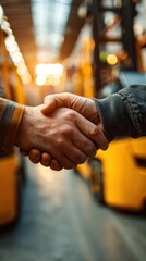 Business Partnership Agreement in Warehouse Setting with Forklifts in Background