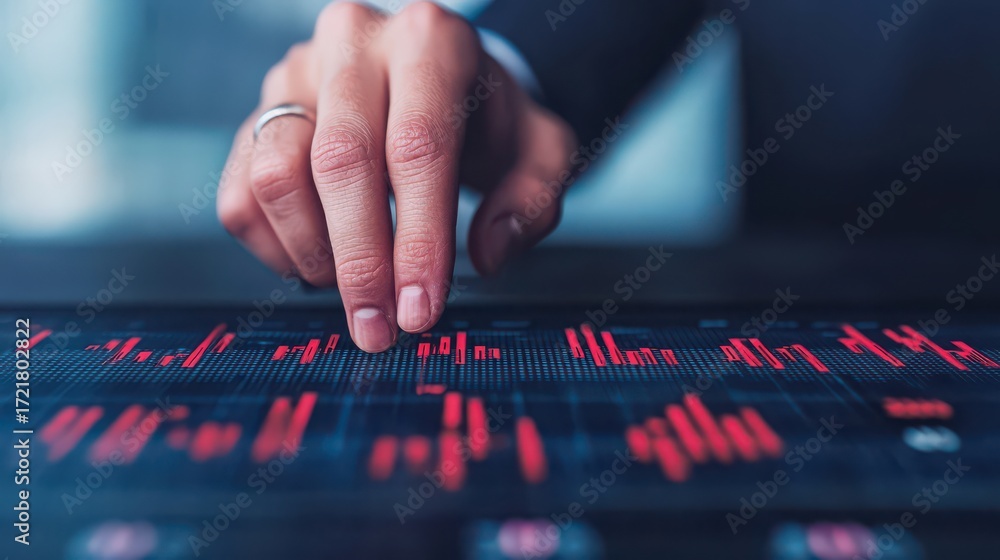 Poster a close-up of a hand interacting with a digital display showing data trends and statistics, suggesti