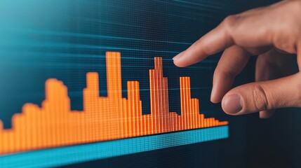 A hand interacts with a digital sound wave display, highlighting peaks and troughs in vibrant orange against a blue background.