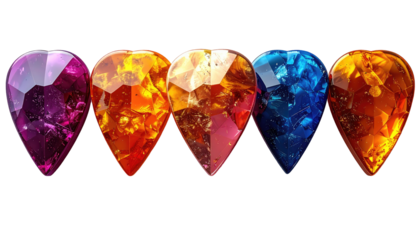 Colorful heart-shaped gems arranged horizontally