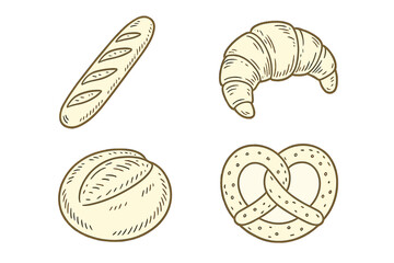 Different types of baked goods including baguette, croissant, round loaf, and pretzel displayed together on a neutral background
