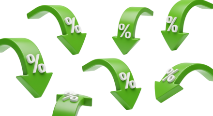 Green arrows with percentage signs indicate financial decline