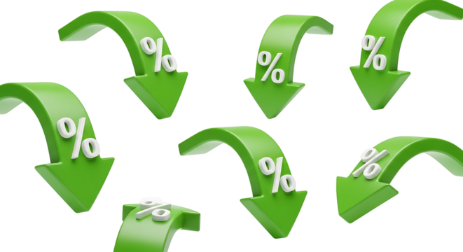 Green arrows with percentage signs indicate financial decline
