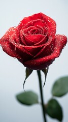 Closeup of a Vibrant Red Rose Covered in Sparkling Water Droplets on a Single Stem