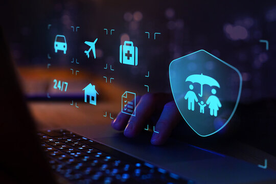 insurance concept, family insurance for health, life, travel and car, medical insurance online - virtual screen with icons