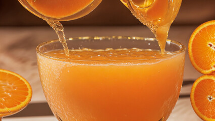 Fresh orange juice being poured into a glass