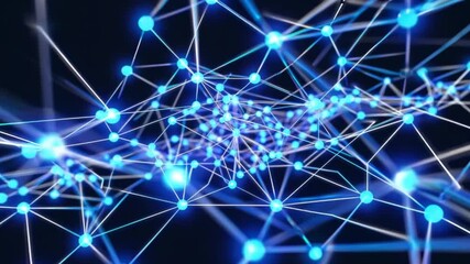 Abstract visualization of a complex network of glowing blue nodes connected by lines against a dark background, representing data connections or artificial intelligence. - Powered by Adobe