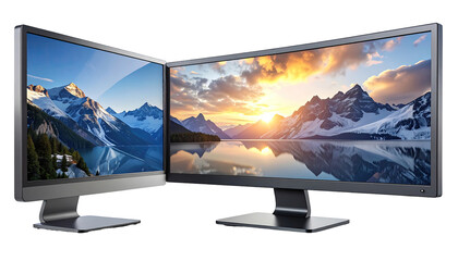 Two modern computer monitors displaying scenic images
