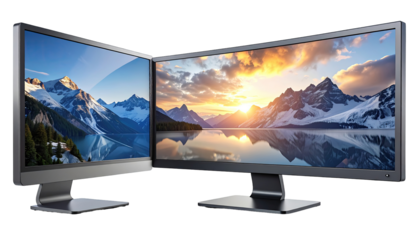 Two modern computer monitors displaying scenic images