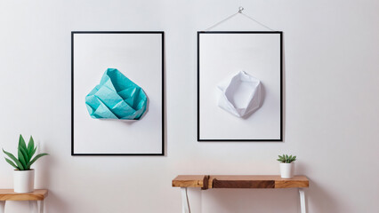 Interior with framed abstract artworks and plants