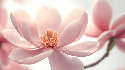 CloseUp of Elegant Pink Magnolia Blossom Revealing Delicate Petal Veins and Golden Stamens