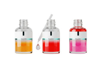 Three transparent borosilicate bottles with glowing orange, red, and pink cosmetic serums, teal foil labels, suspended drop, on a pure transparent shadowless background, luxury beauty product concept