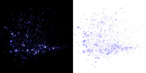 Abstract blue and white sparkling overlay with luminous particles on contrasting backgrounds, creating a magical atmosphere for creative design projects and visual storytelling