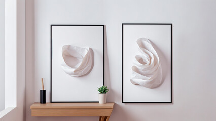 Framed abstract paintings with fabric-like shapes