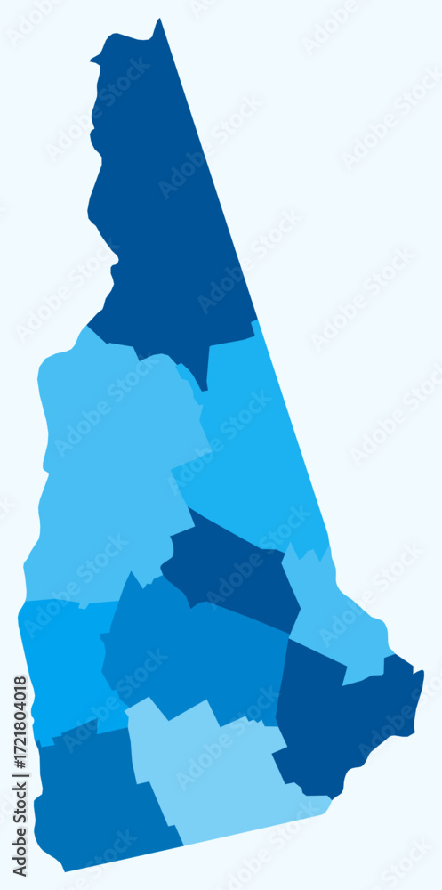 Poster map of new hampshire with counties. just a simple state border map with county division. light blue 