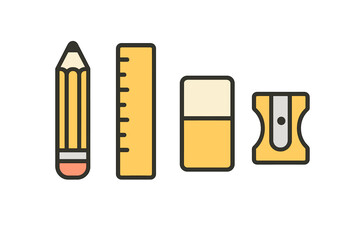 Art supplies including pencil, ruler, eraser, and sharpener arranged neatly on a white background for creative projects and school work