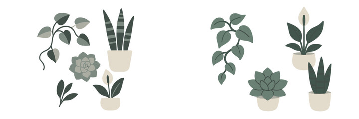 Beautiful collection of green plants in simple pots arranged aesthetically on a white background for decor inspiration