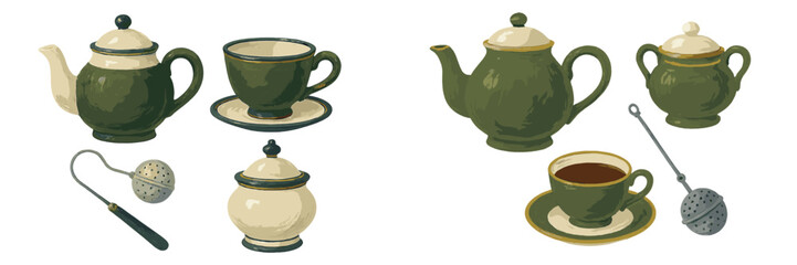 Ceramic teapots and cups in earthy green color displayed in a cozy kitchen setting