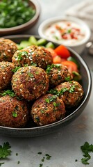 Closeup of Falafel Balls Garnished with Parsley and Sesame Seeds, Served with Vegetables