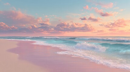 Tropical coastline with soft beach waves, pink and blue sky, crystal water, and peaceful atmosphere perfect for vacation ads, wellness themes, travel websites and relaxing summer image collections