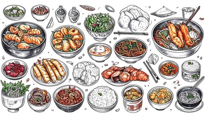 Hand-drawn collection of various Asian dishes