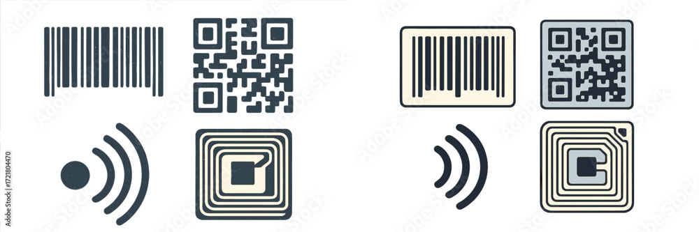 Poster different types of barcodes and qr codes used in modern technology and retail environments