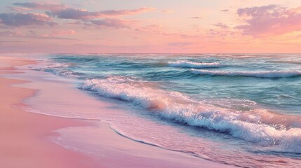 Golden hour on peaceful tropical beach with gentle ocean waves, pastel pink sky and tranquil vibe ideal for relaxation content, summer visuals, meditation themes and travel backgrounds