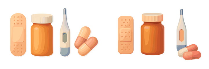 Medical supplies and medications displayed with bandages and thermometers on a clean background