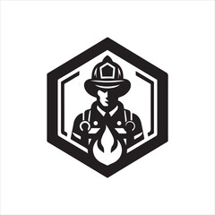 Firefighter Silhouette in Hexagon Frame with Flame Emblem and Stethoscope Detail.