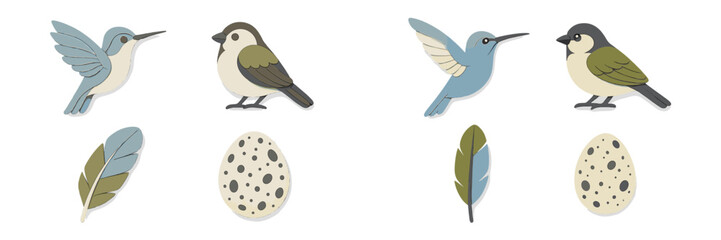 Colorful paper bird decorations and natural elements create a whimsical display for springtime or nature-themed decor