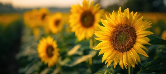 Obraz premium The Stunning Sunflowers in a Lush Green Field at Sunset