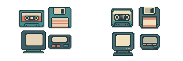 Retro technology collection showcasing cassette tapes, floppy disks, and old computer monitors in a pixel art style