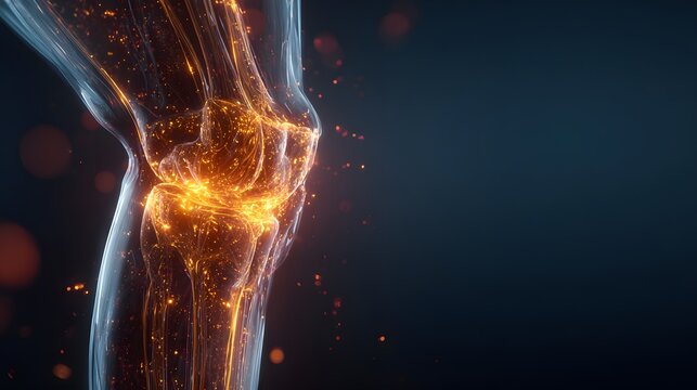 Human knee joint glowing with vibrant energy, symbolizing motion, strength, pain, healing, and scientific innovation