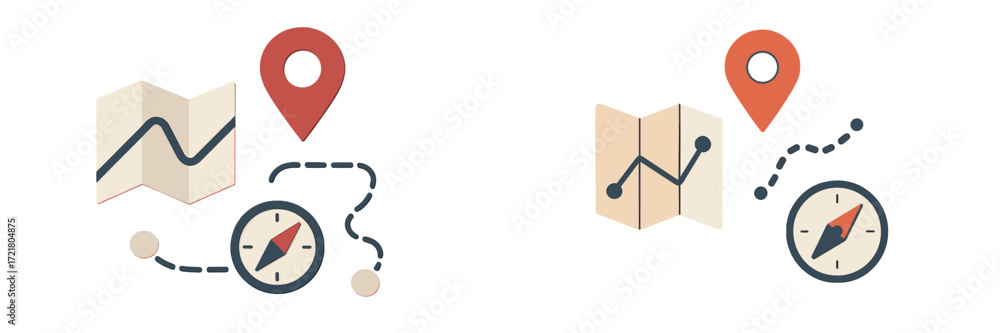 Poster design elements for navigation and mapping applications, featuring a map, compass, and location mark