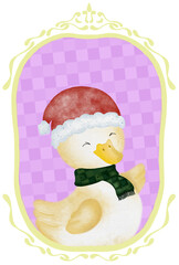 Cute yellow duckling with Christmas decorations and roller skates.Christmas illustration of a yellow duck with scarf and deer's ear.