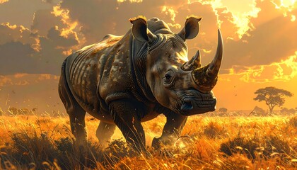 Majestic rhino in golden savanna sunset