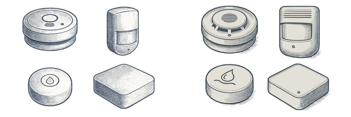 Smoke detectors, water sensors, and motion sensors displayed for home safety systems in a modern setting
