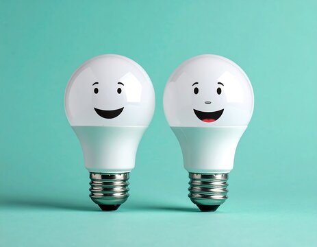 Two LED light bulbs with happy faces on a teal background