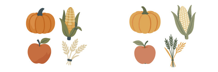 Colorful autumn harvest with pumpkins, corn, apples, and wheat in a simple design
