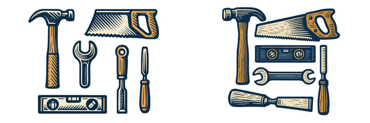 Collection of traditional hand tools including hammers, saws, and wrenches on a white background showcasing craftsmanship