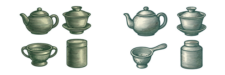 Vintage tea set and serving accessories displayed on a white background, featuring intricate designs and various shapes