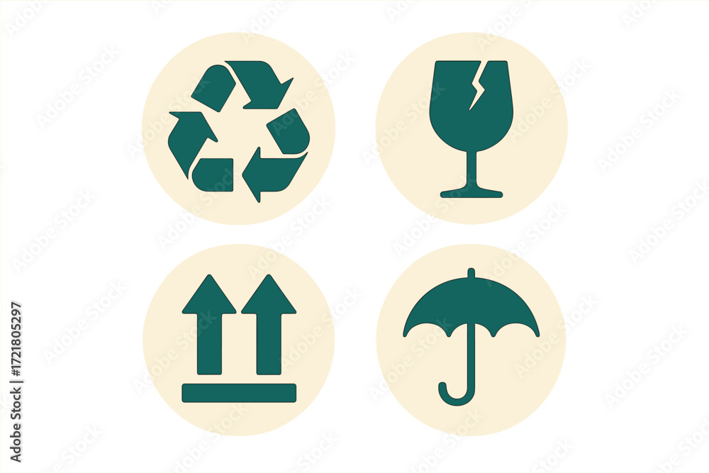 Poster symbols for sustainable practices and safety measures in product handling and recycling efforts
