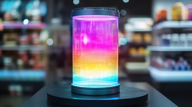 Holographic product display in a retail store, rotating 3D model, interactive shopping, futuristic merchandising. 